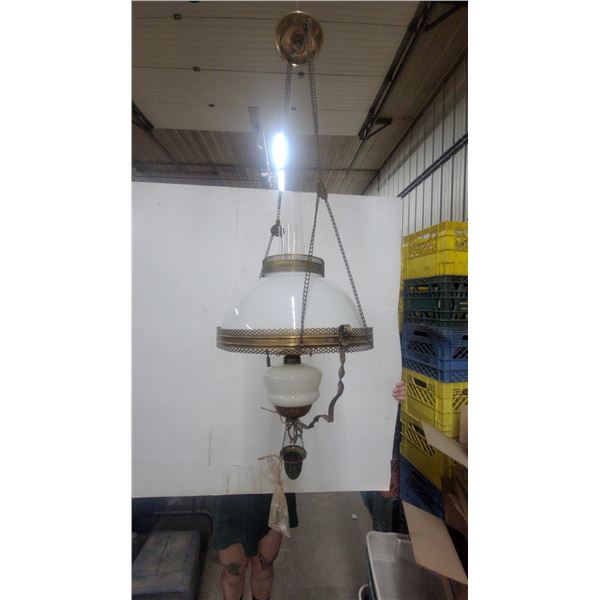 Victorian-Style Hanging Oil Lamp with Opalescent Glass Shade and Brass