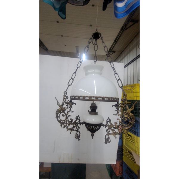 Victorian-Style Brass Hanging Parlor Lamp with Opalescent Glass Shade and Triton Figures