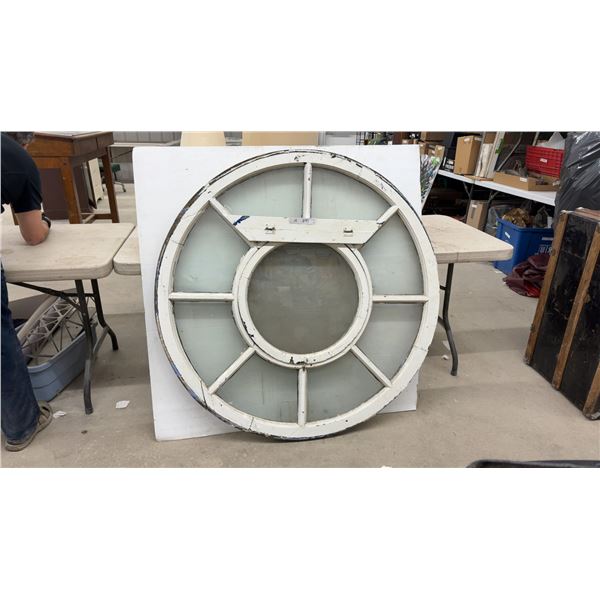 Antique Round Wooden Window Frame with Central Circle and Radiating Panes, White Painted, 48"