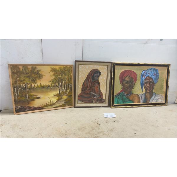 Three Framed Paintings: Landscape, Portraits, Largest 19 x 27"