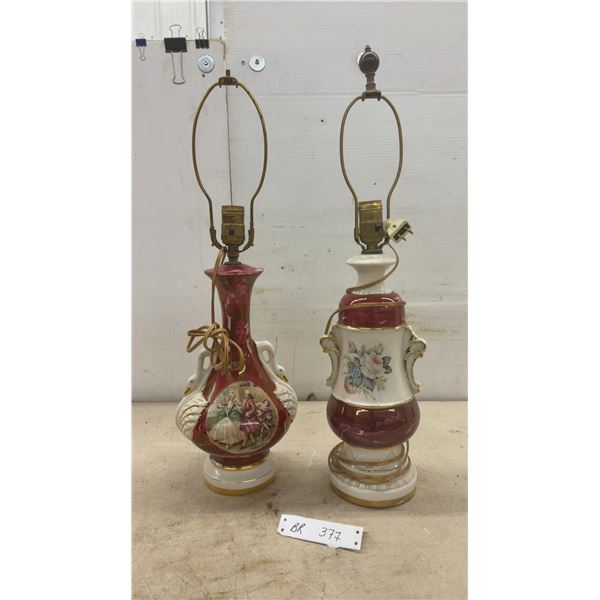 Two Rococo Revival Style Ceramic Table Lamps with Burgundy Glaze and Gold Accents, 24" High