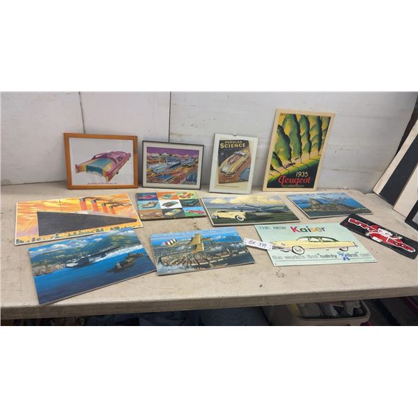 Vintage Transportation Art Collection Including 1935 Peugeot Poster, Kaiser Sign, and More, Largest