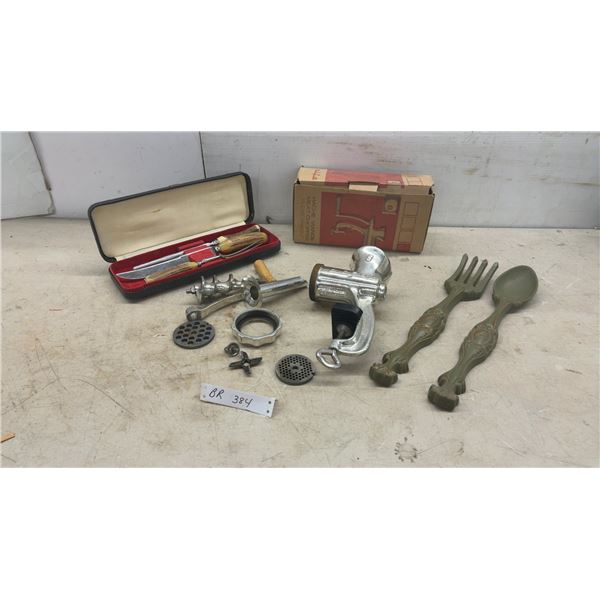 Stag-Handle Carving Set with Case, Manual Meat Grinder, and Decorative Utensils