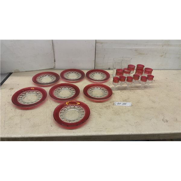 King's Crown Thumbprint Ruby Flash Style Glass Plates and Stemware& 2 Coca Cola Glasses