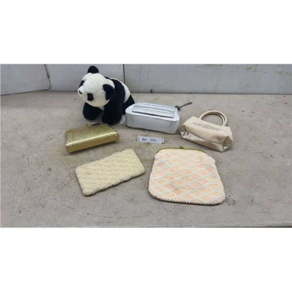 Plush Panda Bear Bank, Beaded Clutches, Satin Handbag, and More