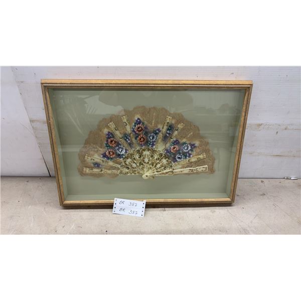 Framed Decorative Hand Fan with Painted Floral Motifs in Gold-Toned Shadow Box, 17 x 24"