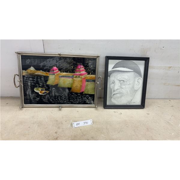 Asian Pagoda Reverse-Painted Glass Serving Tray and W. Stinson Pencil Portrait