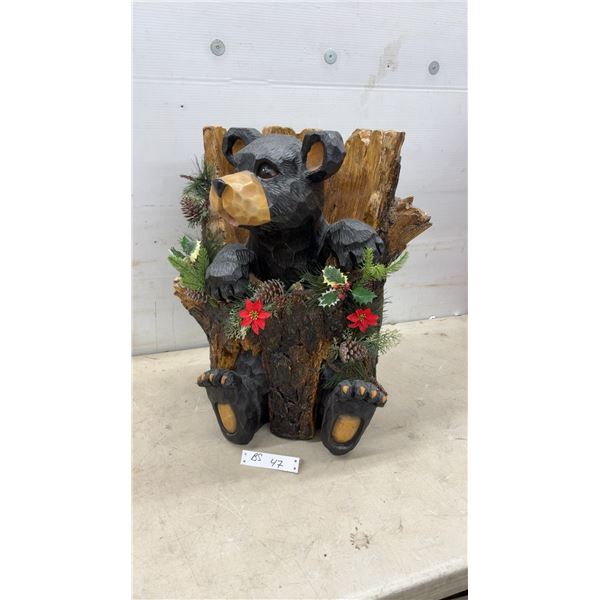 Carved Wood-Style Resin Black Bear in Tree Stump Decorative Sculpture with Faux Greenery, 24 x 18"