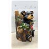 Image 3 : Carved Wood-Style Resin Black Bear in Tree Stump Decorative Sculpture with Faux Greenery, 24 x 18"