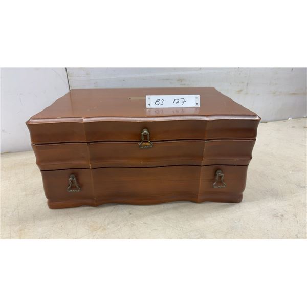 Dovetail Cherry-Stained Wooden Jewelry Box with Red Velvet Interior and Removable Trays, 8H X 17W X
