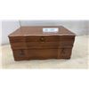 Image 1 : Dovetail Cherry-Stained Wooden Jewelry Box with Red Velvet Interior and Removable Trays, 8H X 17W X