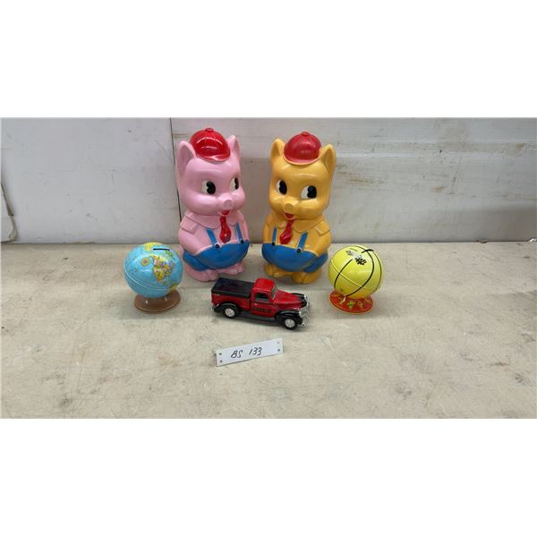 Vintage Sun Rubber Co. Plastic Pig Banks, Case IH Truck Bank with Key, Globe Bank, and More