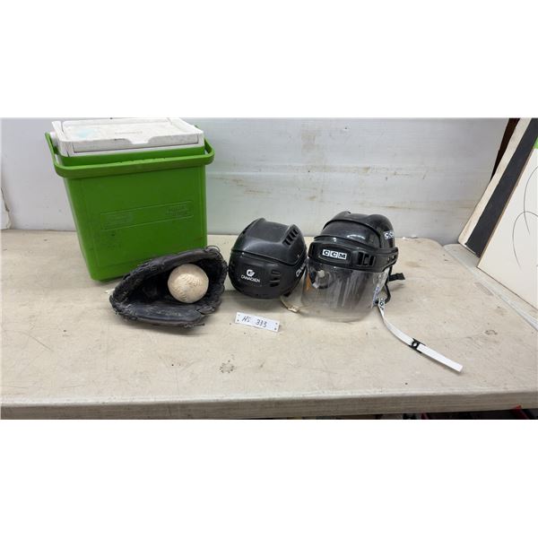 Coleman Party Stacker Cooler, CCM and Hockey Helmets, Baseball Glove & Ball