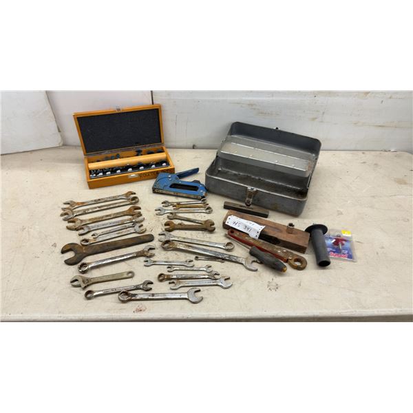 Router Bit Set in Wooden Case, Metal Toolbox, Assorted Wrenches, and More