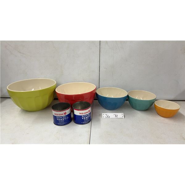 Vintage 5 Piece, Mayfair & Jackson Mixing Bowl Set & 2 Vintage Red Star Active Dry Yeast Tins