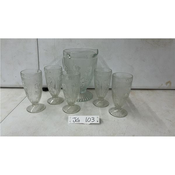 Vintage Jeannette Iris & Herringbone Pitchers with 3 Good Footed Glasses & 2 Glasses with a Chip