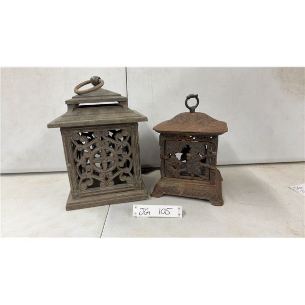 Vintage Cast Iron Garden Lantern With Glass Insert. Larger One Is Made in Japan with Grape Leaves