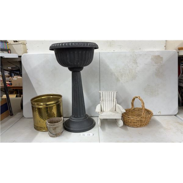 32" Tall Plastic Planter, Brass Planter, Small Wooden Bucket, Wooden Rocking Chair About 12" Tall &