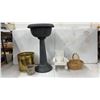Image 1 : 32" Tall Plastic Planter, Brass Planter, Small Wooden Bucket, Wooden Rocking Chair About 12" Tall &