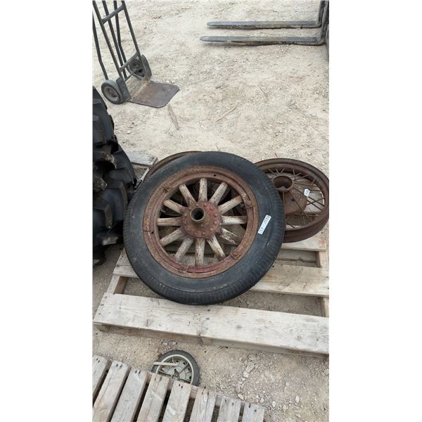Vintage Wooden Spoke Wheel with Pneumatic Tire and Metal Hub