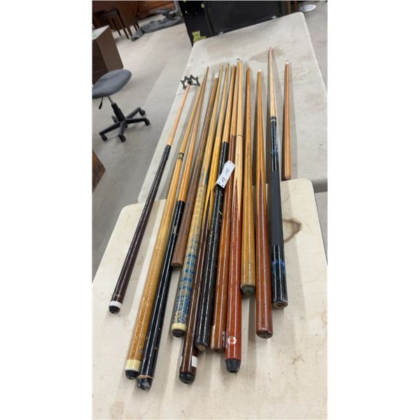 Collection of Assorted Pool Cues Including Durham Score 1971, Bridge Stick and More
