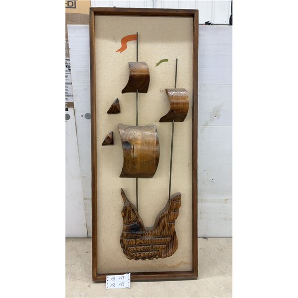 Mid-Century Modern Carved Wood Sailing Ship Relief Wall Sculpture, 48 x 18"