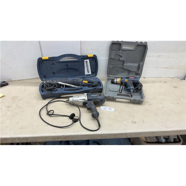 Power Tools: Ryobi D46C Drill, Mastercraft Impact Wrench, and Reciprocating Saw