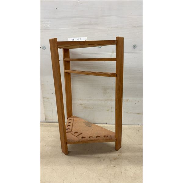 Wooden Corner Pool Cue Rack with Triangular Base, 29 x 21 x 13" Top Needs Re-Securing