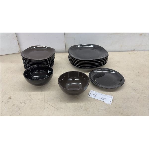 Dark Brown and Black Ceramic Dinnerware Set Including Plates, Bowls, and More