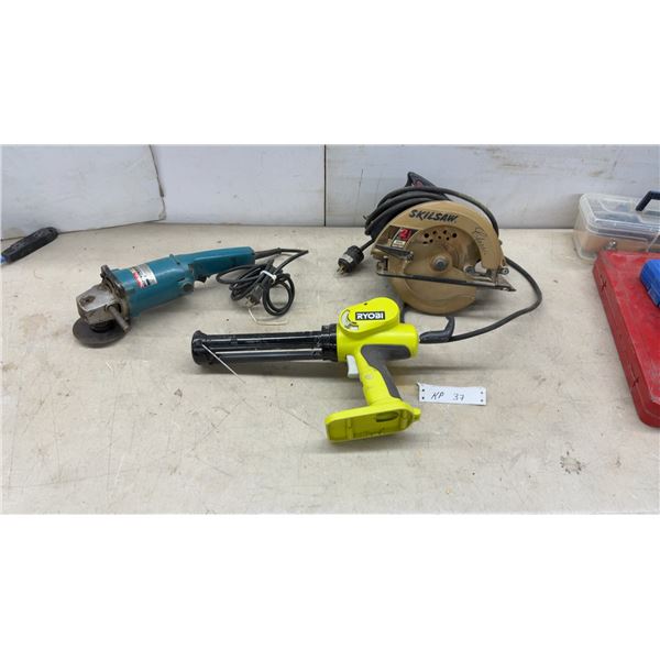 Makita 9005B 5" Disc Grinder, Skilsaw 5250-05 Classic Circular Saw, and Ryobi Cordless Caulk Gun
