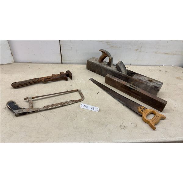 Vintage Wooden Jointer Plane, Hand Saw, Hacksaw, and Adjustable Wrench and More