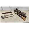 Image 1 : Vintage Wooden Jointer Plane, Hand Saw, Hacksaw, and Adjustable Wrench and More