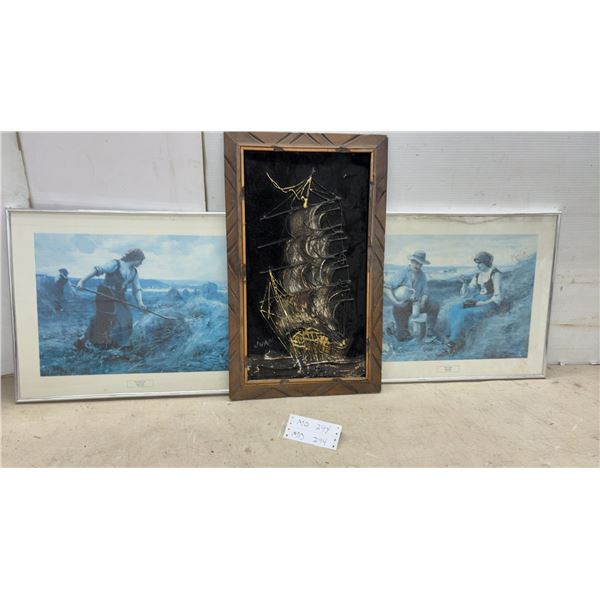 Framed Sailing Ship Mixed-Media Painting Signed Jwan and Two Millet Pictures, Largest 14 x 23"