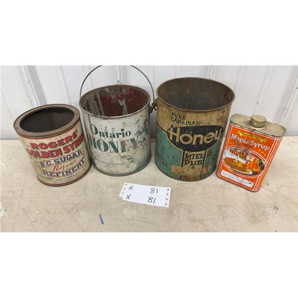 Rogers' Golden Syrup Tin, Ontario Honey Pail, Canadian Honey Pail, and Maple Syrup Tin