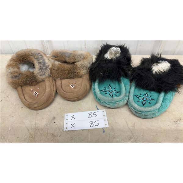 Two Pairs of Fur-Trimmed Beaded Suede Moccasins, Tan and Teal