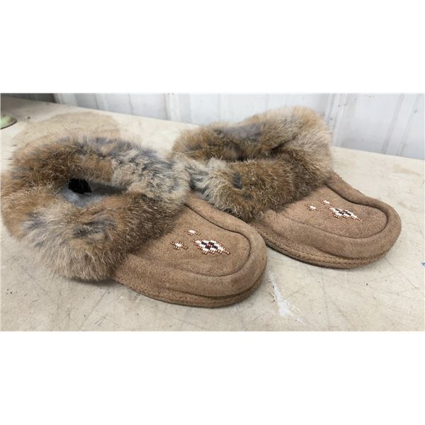 Two Pairs of Fur-Trimmed Beaded Suede Moccasins, Tan and Teal
