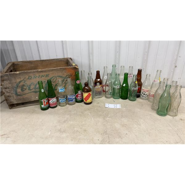 Vintage Coca-Cola Wooden Crate with Assorted Soda Bottles, 7UP, Fanta, Pepsi, and More