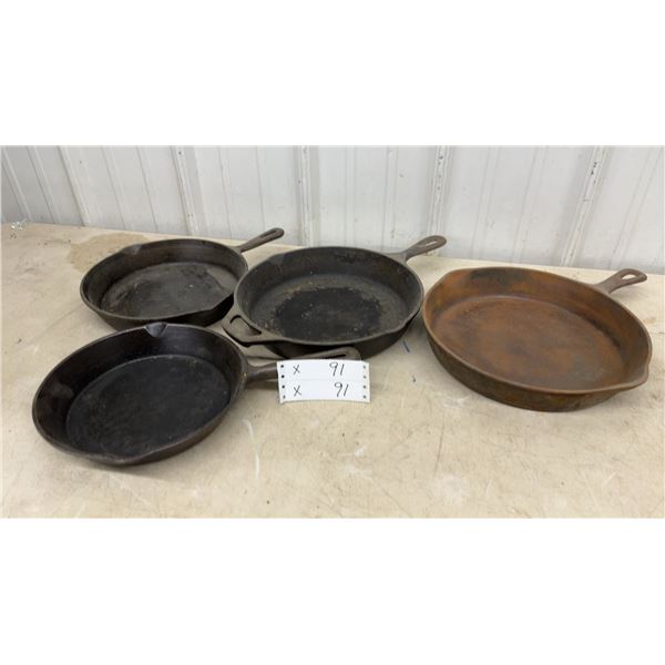 Four Cast Iron Skillets, Various Sizes