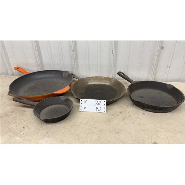 Le Creuset-Style Orange Enameled Cast Iron Skillet and Cast Iron Skillets