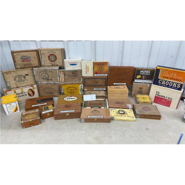 Collection of Vintage Cigar Boxes Including Wolf Bros. Rum Soaked Crooks, Dutch Masters, and More