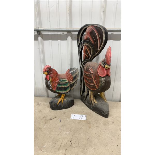 Two Hand-Carved and Painted Wooden Rooster Statues 24" Tallest