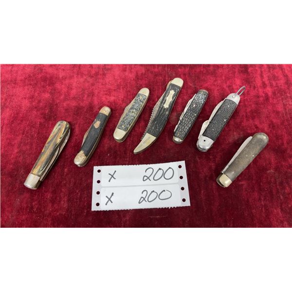 Collection of 7 Vintage Folding Pocket Knives Including Fish Knife and Scout Knife