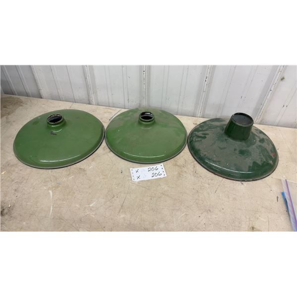 Three Vintage Green Enamel Metal Industrial Pendant Light Shades 12" Diameter