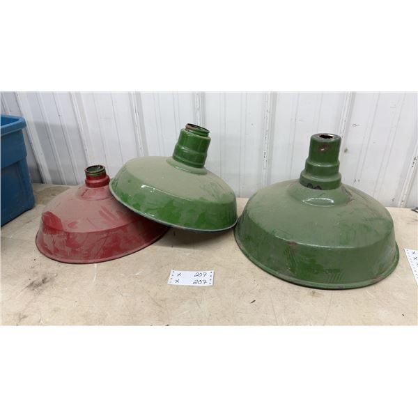 Three Vintage Industrial Enamel Warehouse Light Shades, Green and Red 16 and 17-1/2" Diameters