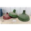 Image 1 : Three Vintage Industrial Enamel Warehouse Light Shades, Green and Red 16 and 17-1/2" Diameters