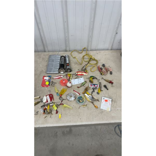 Vintage Fishing Tackle Lot with Lures, Spinners, Flashlights, Weights and More