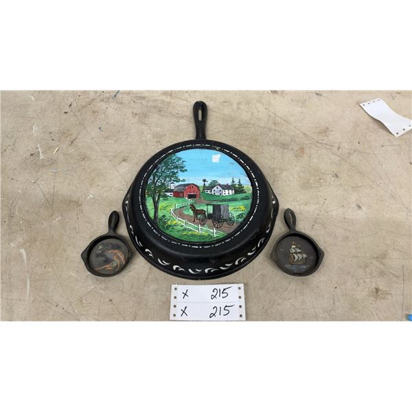 Decorative Hand-Painted Cast Iron Skillets with Folk Art Scenes, Set of Three