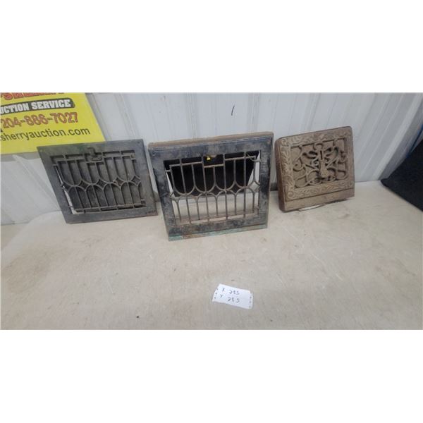Antique Cast Iron HVAC Registers with Geometric Pattern and Decorative Grate and Wood Crate
