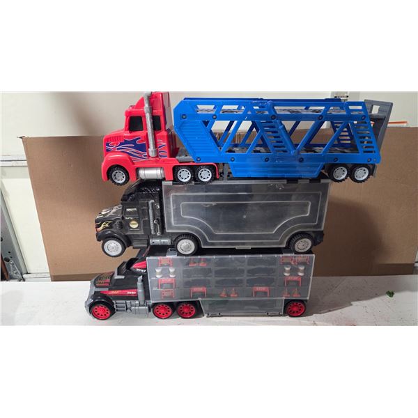 Three 24" Truck and Trailer, Auto Carrier, Hot Wheels Carrier, Construction Equip.