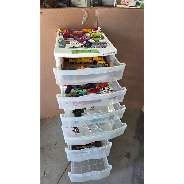 7 Drawer Wheeled Storage Cart with Approx 125 Misc Cars, Trucks, Toys, Blocks.